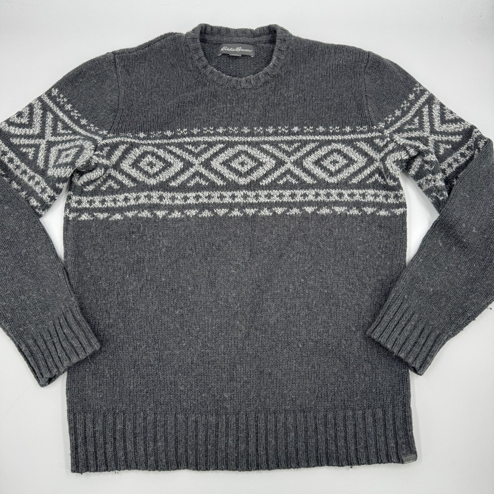Eddie Bauer Mens Large Gray Fair Isle Geometric Knit Crewneck Sweater Pullover